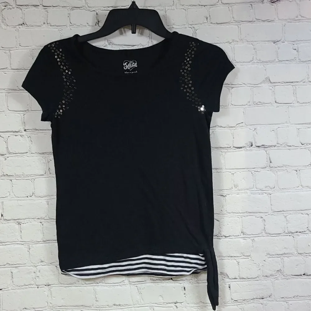 Justice Black Sequin Knit Top Stripe Hem Side Knot Tee Girls Size 10 Trendy Soft